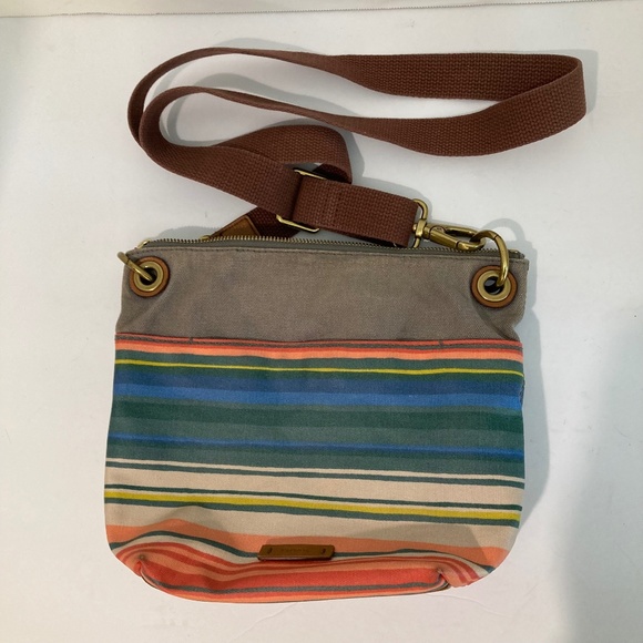 Fossil Coated Canvas Striped Crossbody Bag Blue Tan Coral - Picture 1 of 13